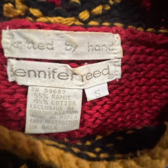 Vintage Hand Knit Sweater Red Ramie Cotton Beaded Retro Chunky Bold 80s 90s S - Picture 4 of 4